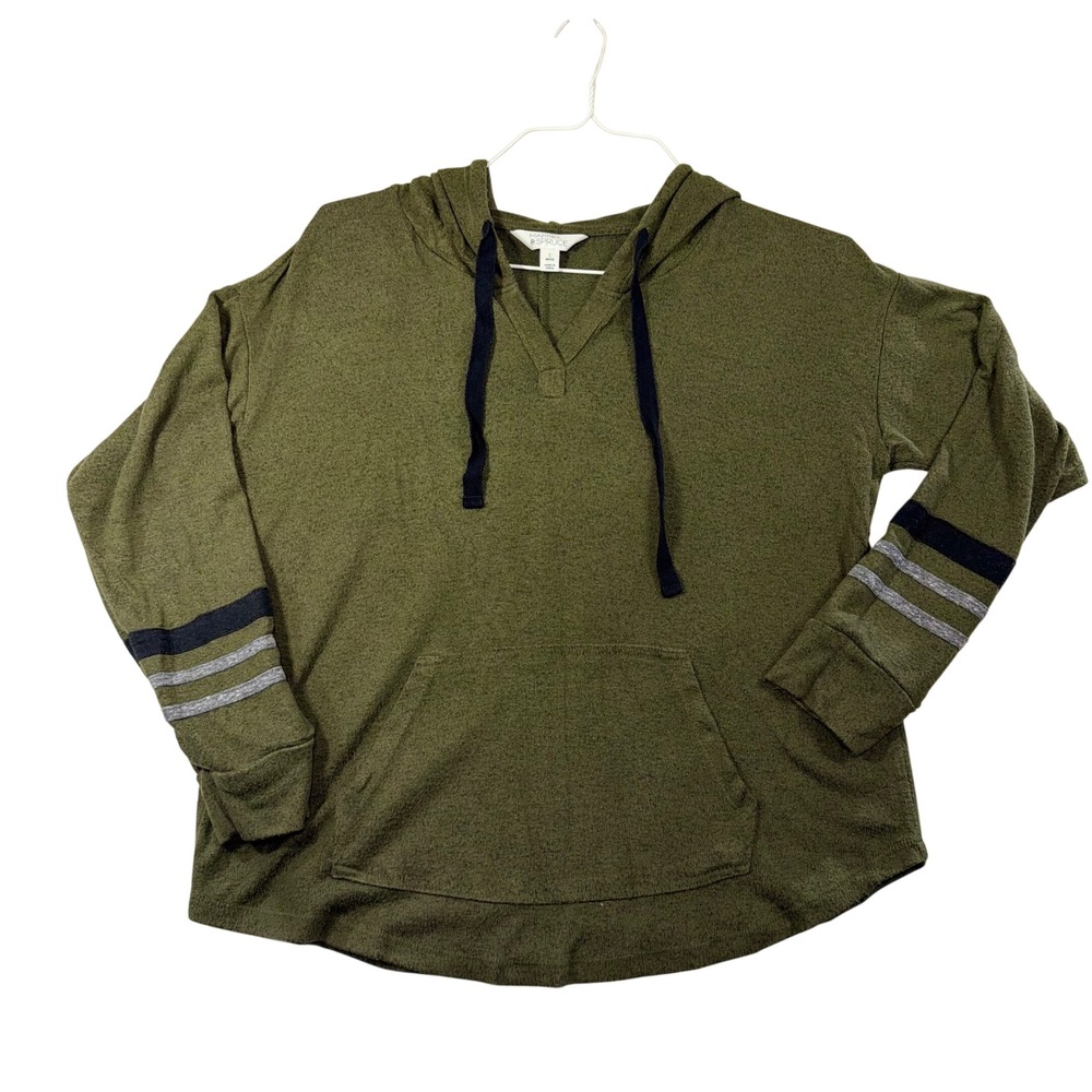 Market & Spruce Women Olive Green Stripe Sleeve Hoodie Sweatshirt Large Petite